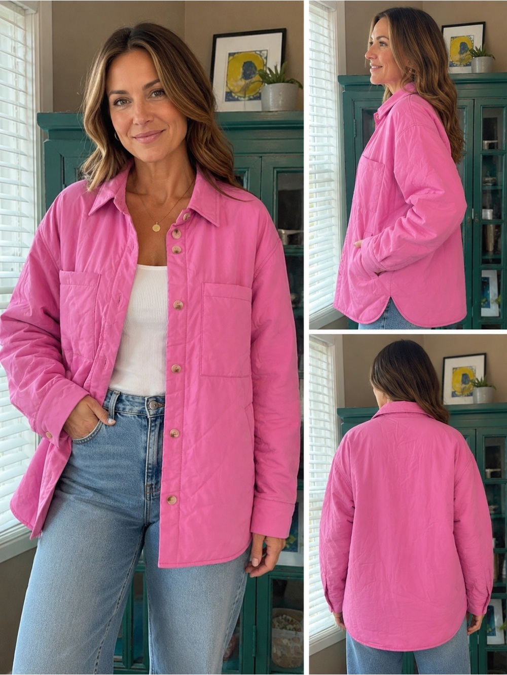 She + Sky Pink Quilted Button Front Shacket NWT